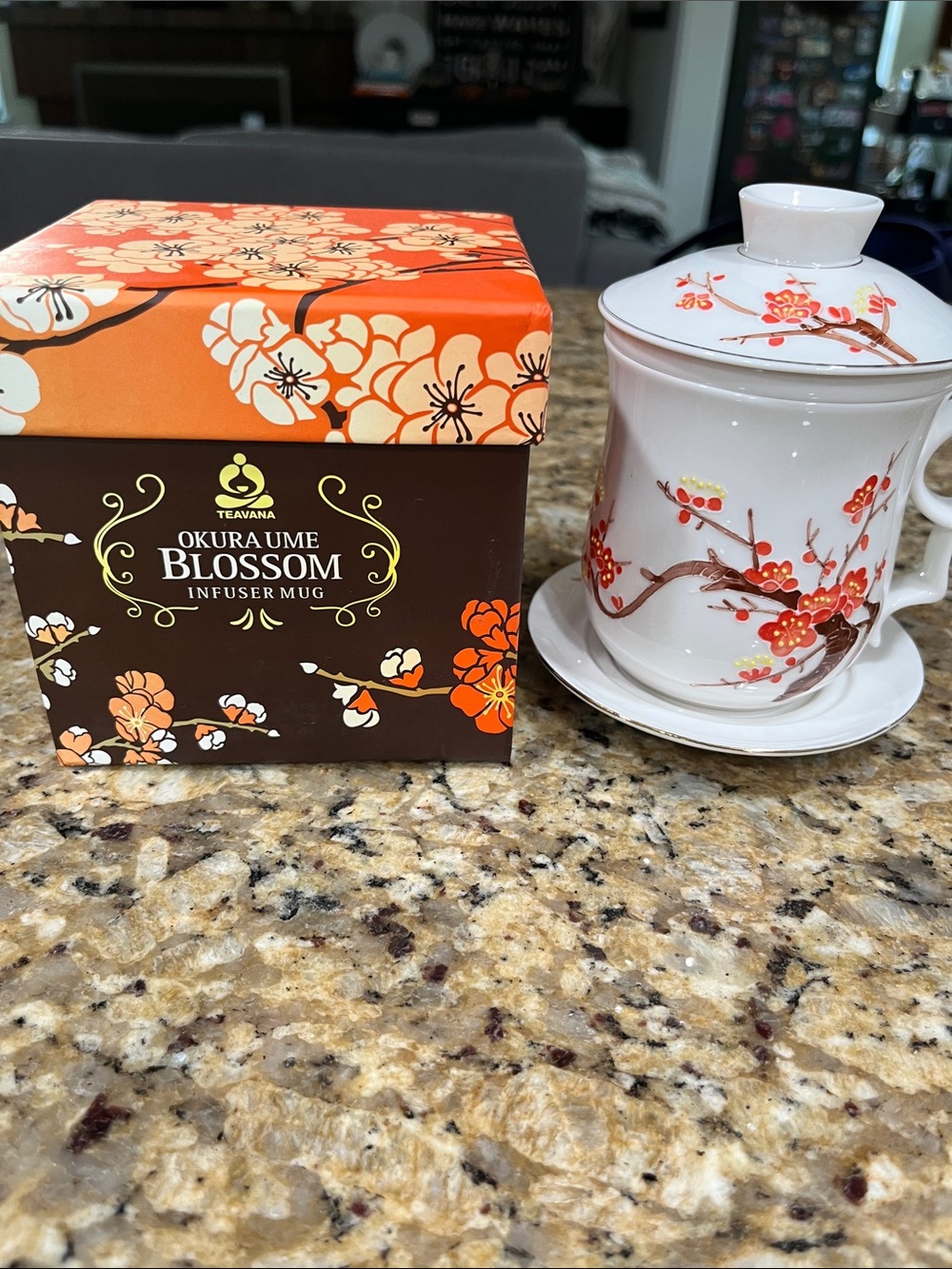Teavana Okura Ume Blossom Infuser Mug - White with Orange and Red Floral Accents